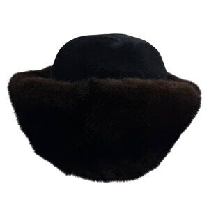 Vintage 1990s Birger Christensen Black Felt Hat with Brown Mink Fur Trim OSFM